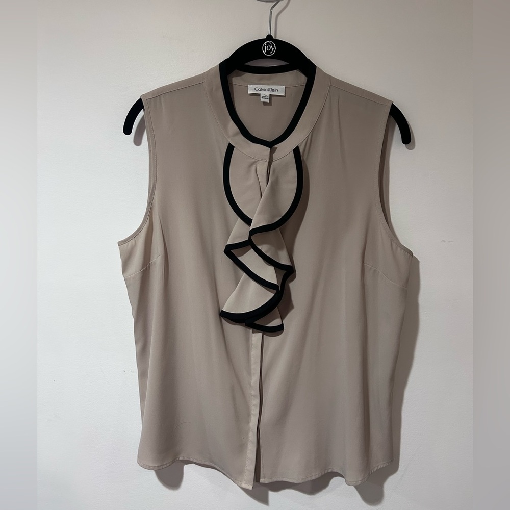 Calvin Klein Taupe Sleeveless Top with Black Ruffle